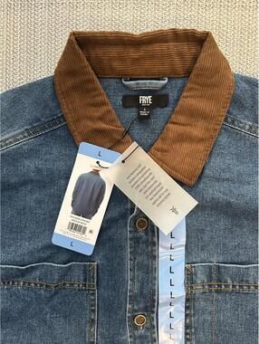 FRYE Denim Shirt Jacket with Brown Corduroy Collar Size L